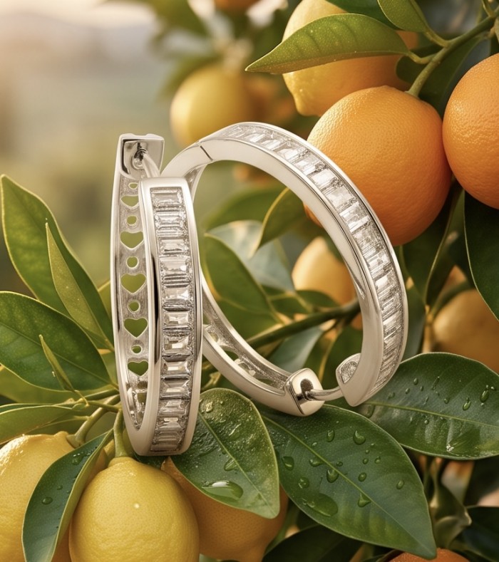 Allure Natural 8.2 carat White Topaz .925 Sterling Silver handcrafted hoop earrings - Side view of white topaz sterling silver hoop earrings on citrus branch