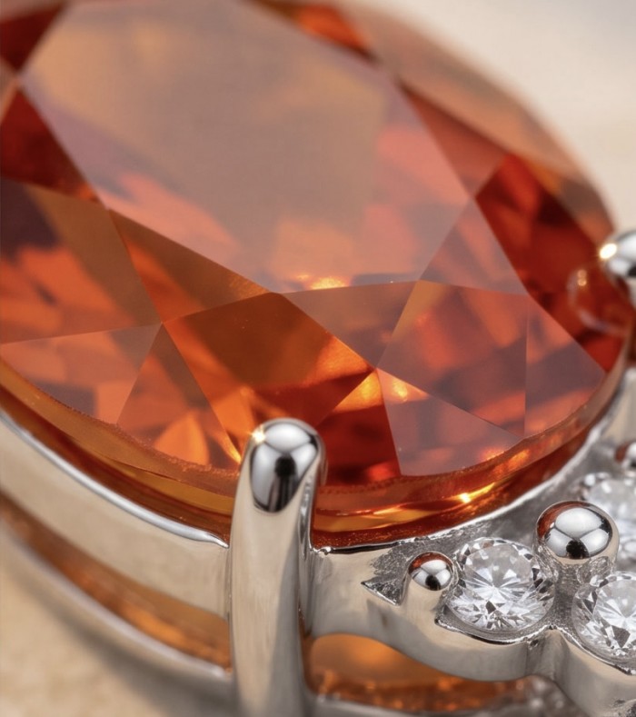 Genuine 10.8 carat Red Topaz rhodium over .925 Sterling Silver handcrafted Statement Pendant - Close-up of red topaz stone in sterling silver setting.