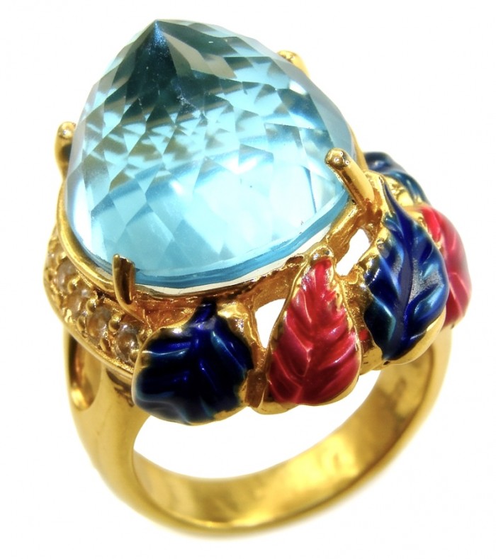 Pacifica - Authentic Fancy Rose cut 27.5 carat Swiss Blue Topaz Enamel 22K Gold over .925 Sterling Silver handcrafted Large Statement ring size 7 - Close-up of Pacifica ring with Swiss Blue stone and colorful leaf accents.
