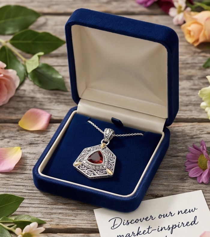 Vintage Beauty 5.9 carat genuine Garnet rhodium over 2 tones .925 Sterling Silver handcrafted pendant - Vintage Beauty garnet pendant in open box, top view with floral accents