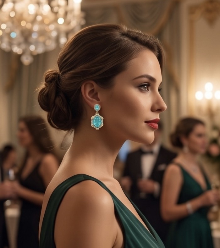 Real Treasure 21.5 carat Aquamarine 2 tones .925 Sterling Silver Handcrafted Earrings - Side view of woman wearing Real Treasure 21.5 carat aquamarine earrings