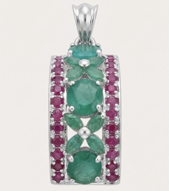 Green Beauty Natural 8.8 carat Colombian Emerald .925 Sterling Silver Handcrafted pendant - Emerald and ruby pendant, front view, silver setting detail.
