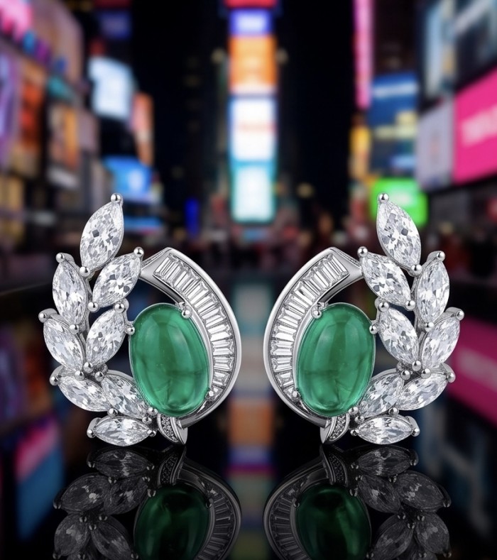 Luxurious - 7.2 carat Colombian Emerald .925 Sterling Silver dipped in rhodium handmade Statement Earrings - Close-up of Colombian emerald earrings with marquise diamonds.