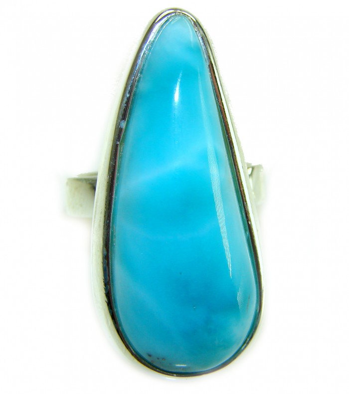 Caribbean Beauty 44.5 carat Genuine perfectly Blue Larimar .925 Sterling Silver handmade LARGE ring size 8 adjustable - Close-up of 44.5 carat blue Larimar stone in a silver ring setting.