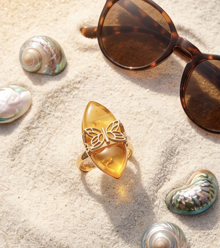 Vintage Style Authentic Golden Butterscotch Baltic Amber 18K Gold over .925 Sterling Silver entirely handcrafted ring; s. 8 - Golden butterscotch amber ring close-up on sandy beach with shells