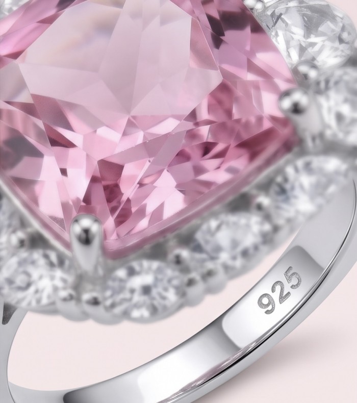 Tiffany - authentic princes cut 14.5 carat Pink Sapphire .925 Sterling Silver Handcrafted Statement Ring size 7 1/2 - Pink sapphire ring stone close-up with sterling silver "925" mark