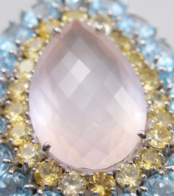 Scarlett 55.8 carat Brazilian Rose Quartz rhodium over .925 Sterling Silver handcrafted Statement Pendant - Close-up of Scarlett Rose Quartz with blue and yellow gem accents