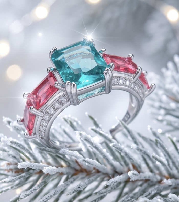 Authentic 6.7 carat Green Topaz .925 Sterling Silver Perfectly handcrafted Ring s. 8 adjustable - Close-up of green topaz ring with pink stones on frosty branches