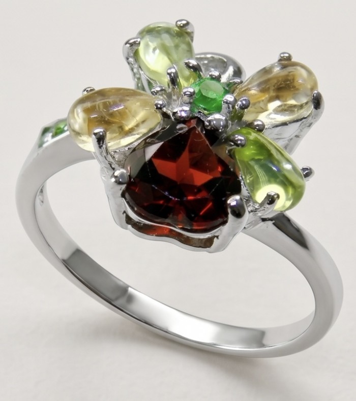 Red Heart 8.1 carat Multigem rhodium over .925 Sterling Silver Handcrafted Ring size 8 - Multigem ring side view showcasing red heart and green accent stones.