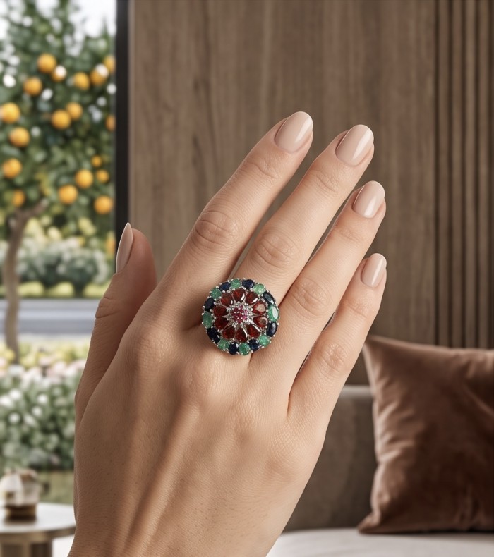 Giovanna 22.5 carat Emerald Ruby Sapphire rhodium over .925 Sterling Silver handcrafted ring size 8 1/2 - Ring with emerald, ruby, and sapphire worn on hand, close-up view.
