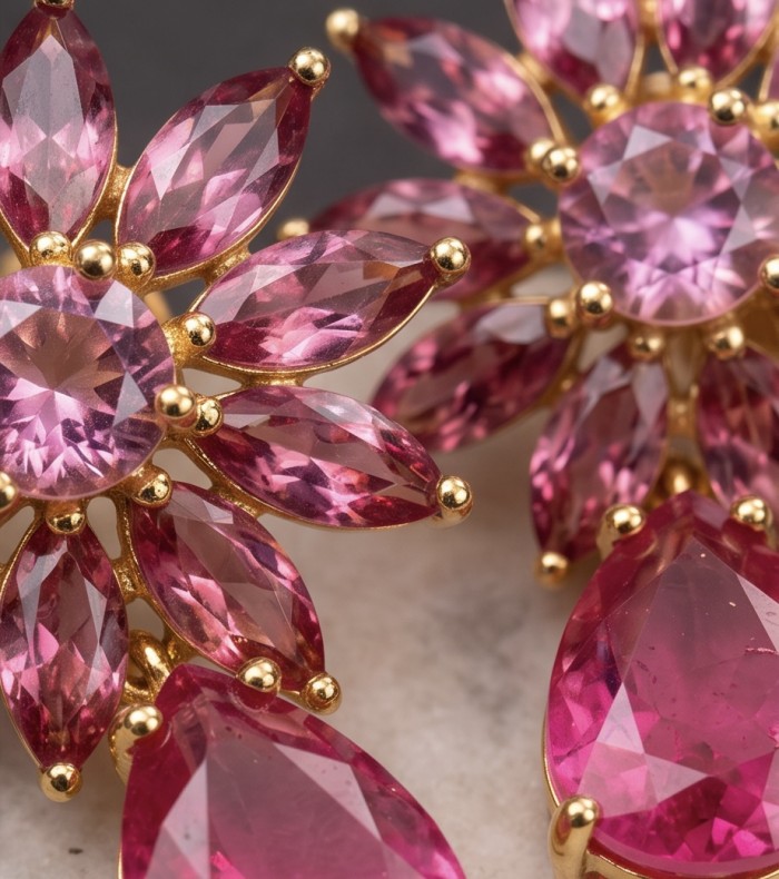 Giovanna - Magnificent floral design- 10.2 carat Kasmir Ruby .925 Sterling Silver dippedin 22K Gold handcrafted incredible Statement earrings - Close-up of Giovanna earrings with Kasmir Rub stones in floral design.