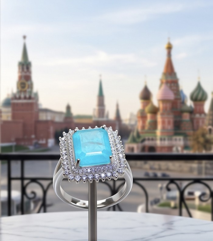 Wonderland 9.5 carat Brazilian Paraiba Tourmaline rhodium over .925 Sterling Silver Handcrafted Ring size 8 - Close-up of Wonderland 9.5 ct Paraiba Tourmaline ring with rhodium setting