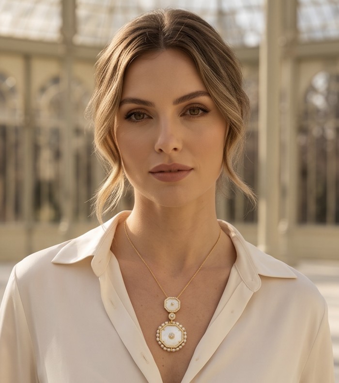 Precious natural creamy Blister Pearl 14K Gold over .925 Sterling Silver Necklace - Woman wearing Blister Pearl necklace in front-facing view.