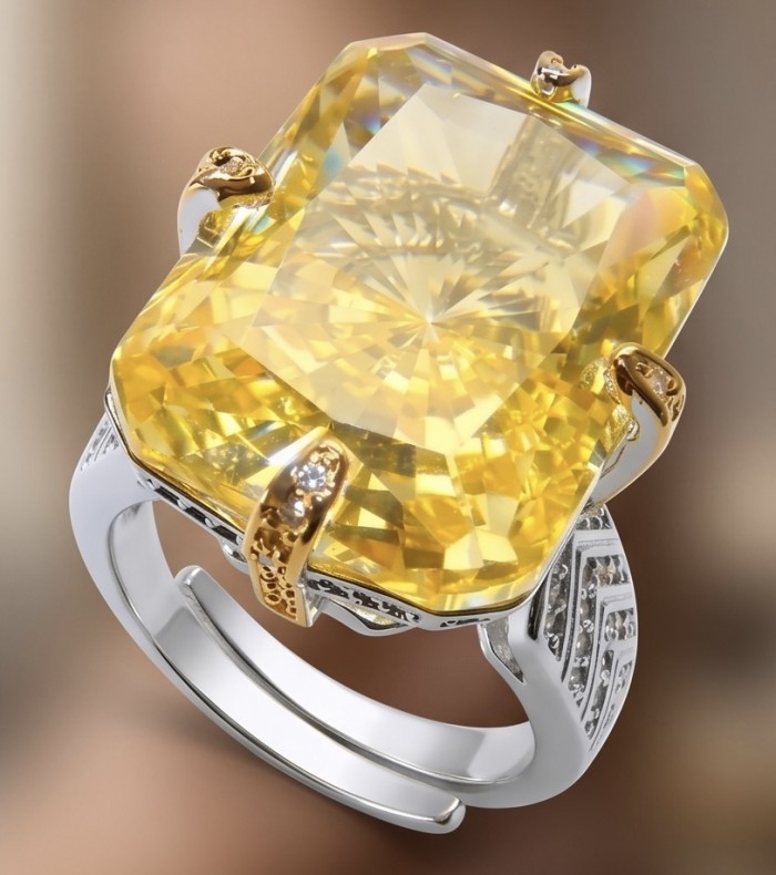 Solid 24.8 carat Genuine Yellow Sapphire 2 tones .925 Sterling Silver handcrafted ring size 8 adjustable - Close-up of yellow sapphire ring with two-tone sterling silver setting