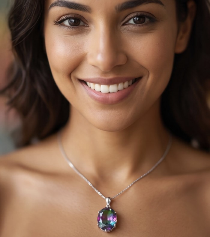 7.2 carat oval cut Brazilian Tourmaline .925 Sterling Silver Perfectly handcrafted pendant - Close-up of Brazilian Tourmaline necklace worn around neck