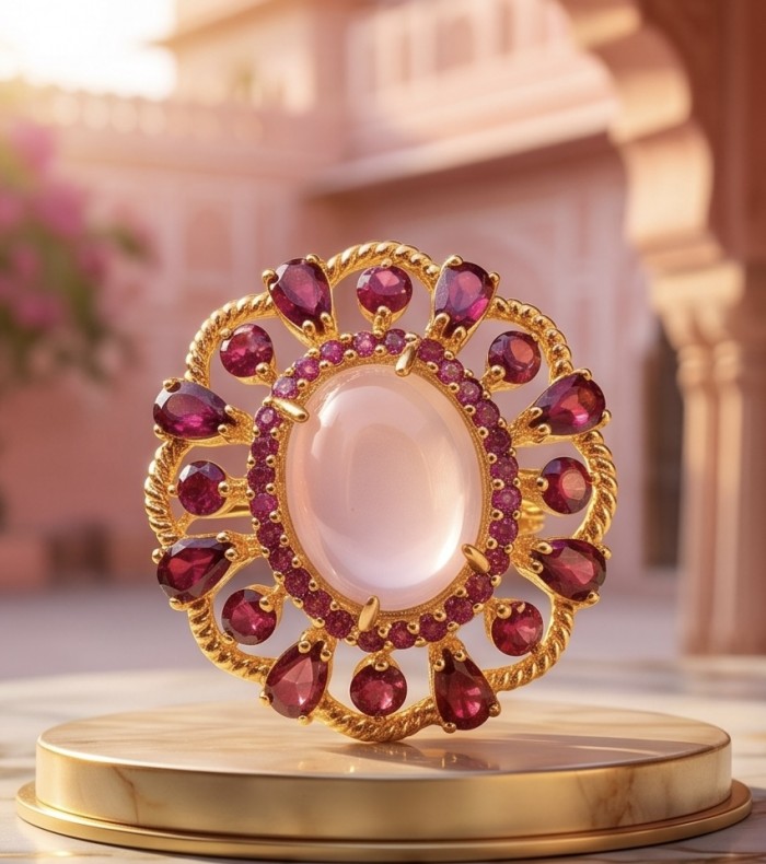 Ramona - Top quality 24.2 carat Brazilian Rose Quartz .925 Sterling Silver dipped in 18K Gold Handcrafted Ring size 6 - Close-up of Ramona ring featuring a 24.2 carat Brazilian Rose Quartz