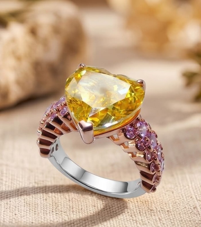 Precious Heart Solid 24.8 carat Genuine Yellow Sapphire 2 tones .925 Sterling Silver handcrafted ring size 7 1/2 - Close-up of Yellow Sapphire Heart Ring with Pink Accents on fabric background