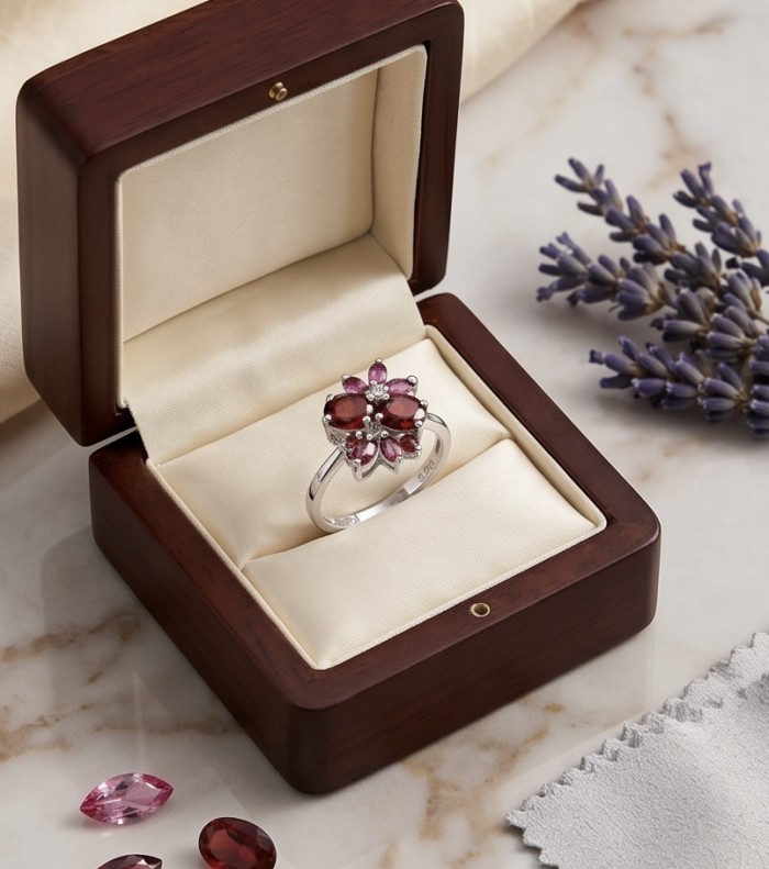 Precious Garnet - authentic 5.2 carat Garnet .925 Sterling Silver Ring size 9 - Garnet ring in wood box, top view with loose stones nearby.