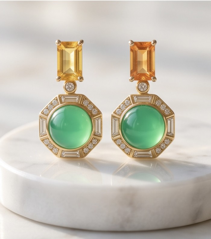 Valentina 5.2 carat Emerald .925 Sterling Silver dipped in 18K Gold Statement handcrafted earrings - Emerald earrings front view on marble surface