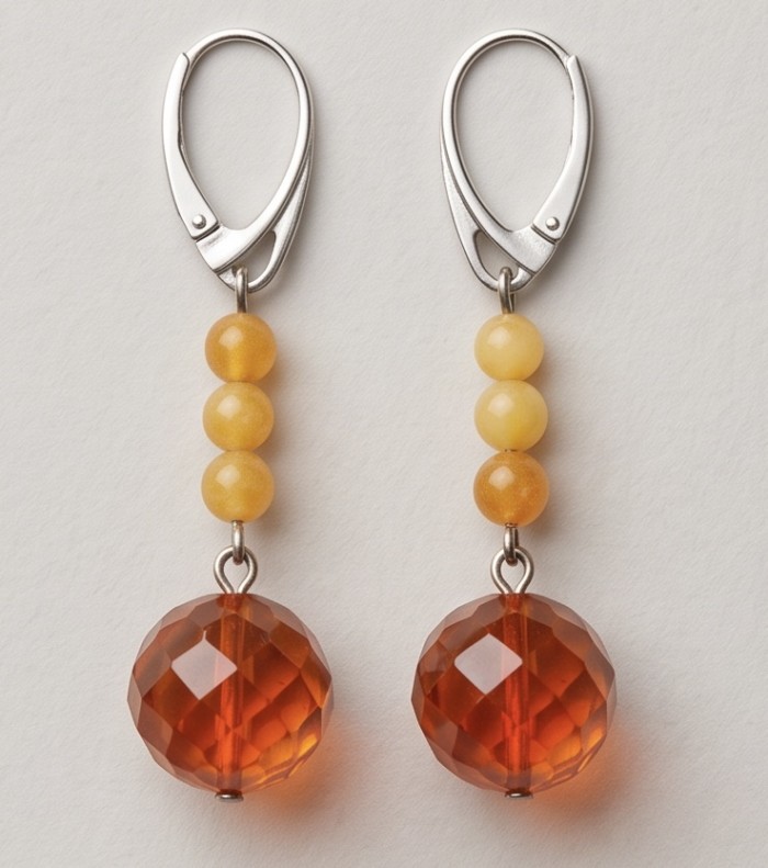 Very Special product - Wonderful natural Buttescotch Baltic Amber .925 Sterling Silver entirely handcrafted earrings - Butterscotch amber earrings, front view detailing beads and clasps.