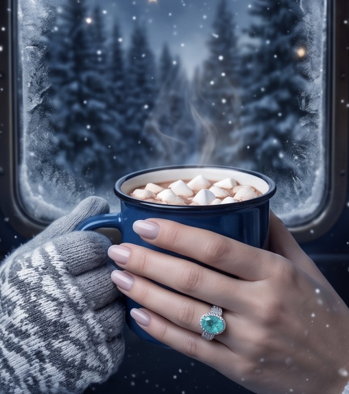 Elizabeth oval cut 14.8 carat Colombian Emerald .925 Sterling Silver dipped in Rhodium handcrafted Ring size 8 - Colombian emerald ring worn on hand, holding hot cocoa mug.