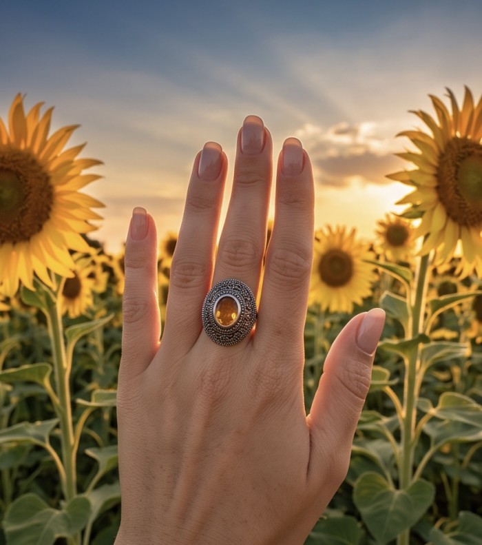 Authentic oval cut 7.2 carat Golden Topaz rhodium over .925 Sterling Silver ring s. 6 - Golden Topaz ring worn on hand with sunflower field background.