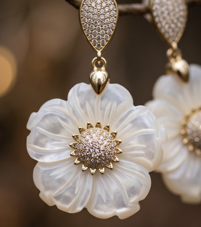 BLOOMING FLOWERS Genuine Blister Pearl 0.2 CARAT lab grown Diamond 18K Gold over .925 Sterling Silver handcrafted Statement Earrings - photo 4
