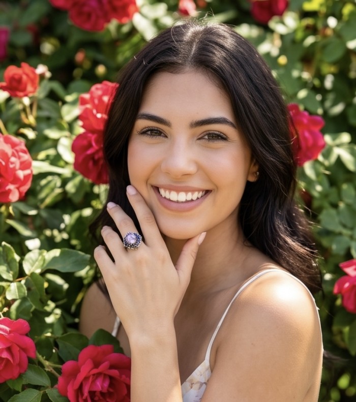 Giuseppina - Authentic 18.5 carat Amethyst Sapphire rhodium over .925 Sterling Silver handcrafted Statement Ring size 7 3/4 - Woman wearing Giuseppina ring with amethyst and sapphire in a garden.