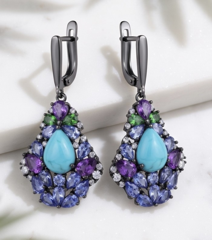 Discover the captivating allure of Genuine Caribbean Larimar black rhodium over .925 Sterling Silver STATEMENT earrings - Close-up of colorful earrings featuring Genuine Caribbean Larimar stones.