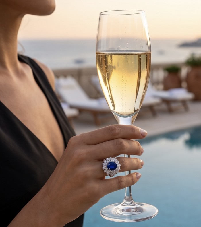 Authentic 5.5 carat Kyanite Moissanite .925 Sterling Silver handcrafted Ring size 5 1/4 - Hand holding champagne glass with 5.5 carat Kyanite ring close-up.