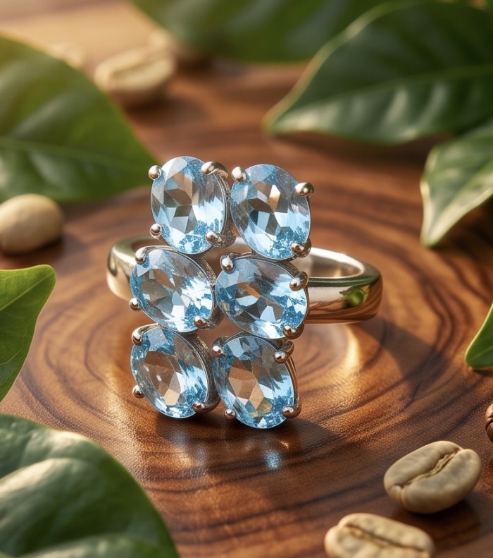 Serenity 18.7 carat genuine Swiss Blue Topaz .925 Sterling Silver handmade Statement ring size 8 1/4 - Swiss Blue Topaz ring, top view, on wooden surface with leaves.