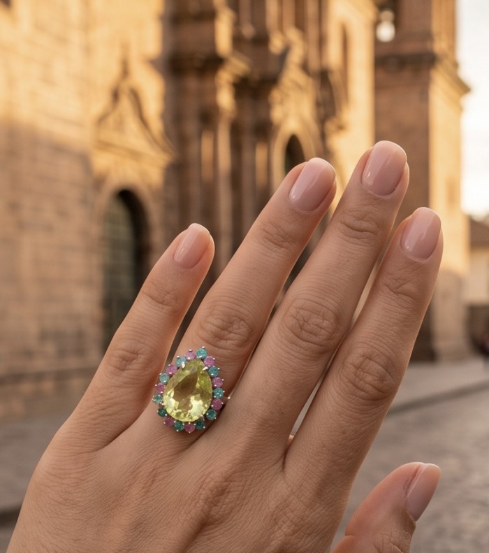 Costa del Sol 24.8 carat Genuine Lemon Quartz rhodium over .925 Sterling Silver handcrafted ring size 7 - Lemon quartz ring worn on hand, background of historic architecture.