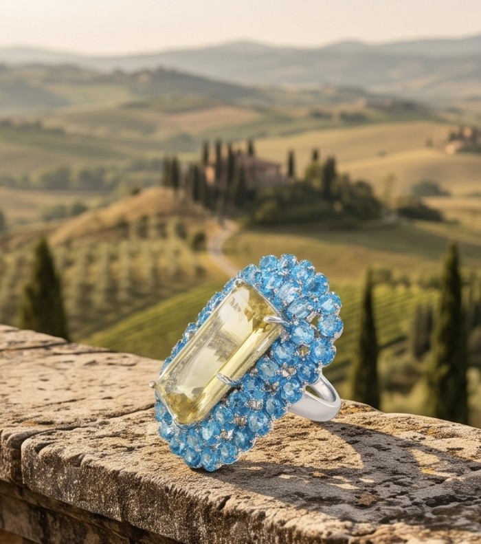 Serenity baquette cut 68.5 carat Champagne Smoky Topaz Aquamarine rhodium over .925 Sterling Silver MASSIVE Ring size 7 - Side view of Serenity ring with Champagne Smoky Topaz and blue aquamarine.