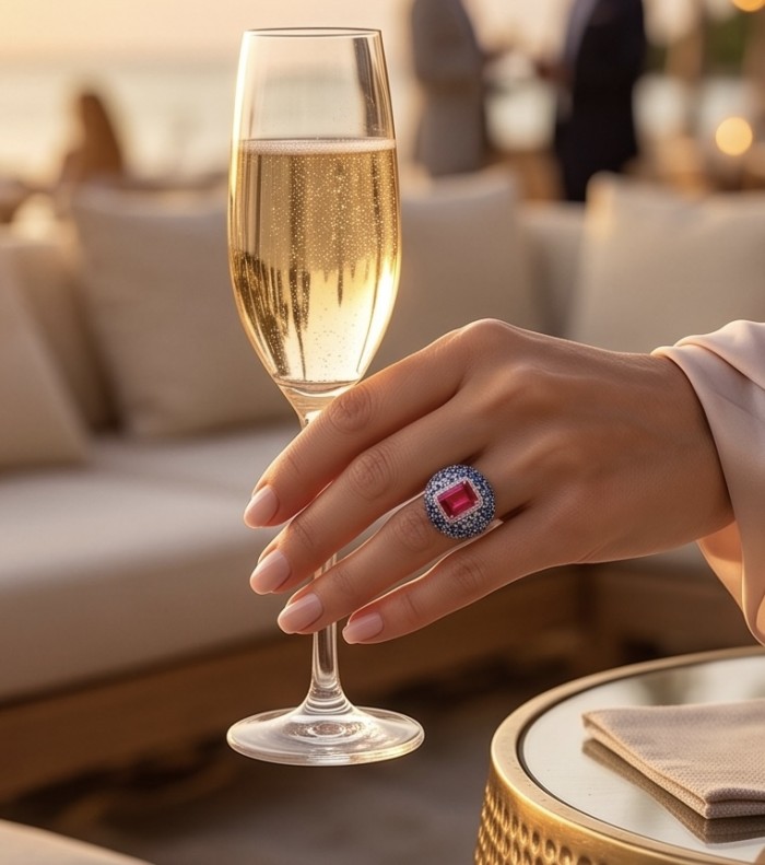 Scarlett 28.8 ctw Mozambique Ruby rhodium over .925 Sterling Silver handcrafted Statement Ring size 8 1/4 - Ruby ring worn on hand holding a champagne glass at a sunset setting.
