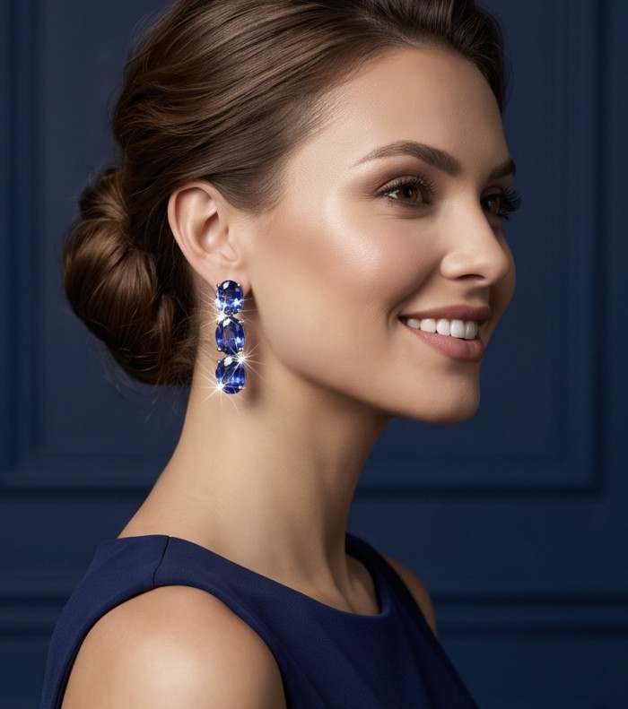 Deep Ocean 22.5 carat London Blue Topaz .925 Sterling Silver handmade Statement earrings - Side view of woman wearing Deep Ocean London Blue Topaz earrings