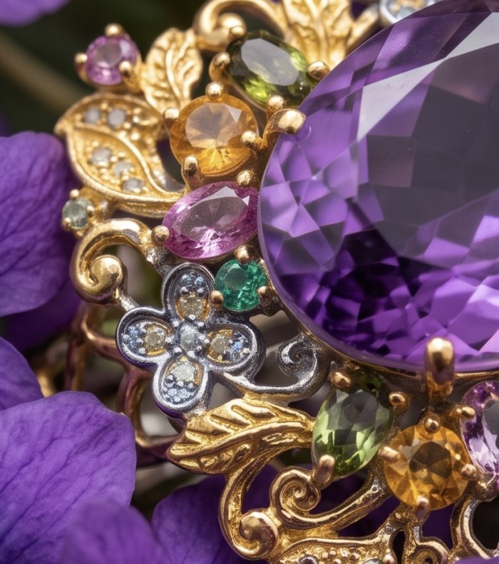 Marie Antoinette's Style - Authentic 41.9 carat African Amethyst .925 Sterling Silver dipped in 18K Gold handcrafted Bracelet - Close-up of ornate jewelry with a large purple amethyst and colorful gems.