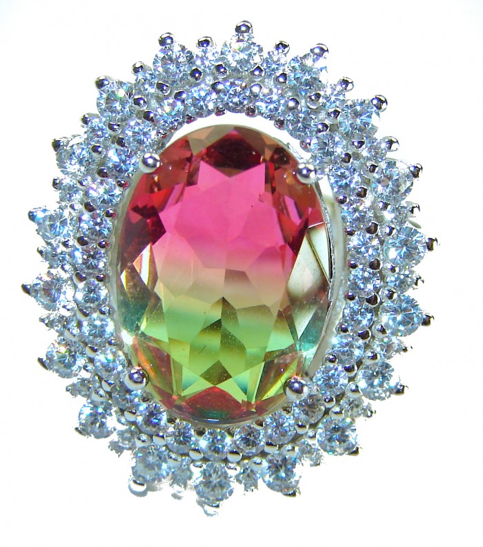 Magnificent 11.2 carat oval cut Pink Tourmaline .925 Silver handcrafted Cocktail Ring s. 7 3/4 - Close-up of oval-cut pink tourmaline ring with clear stone accents.