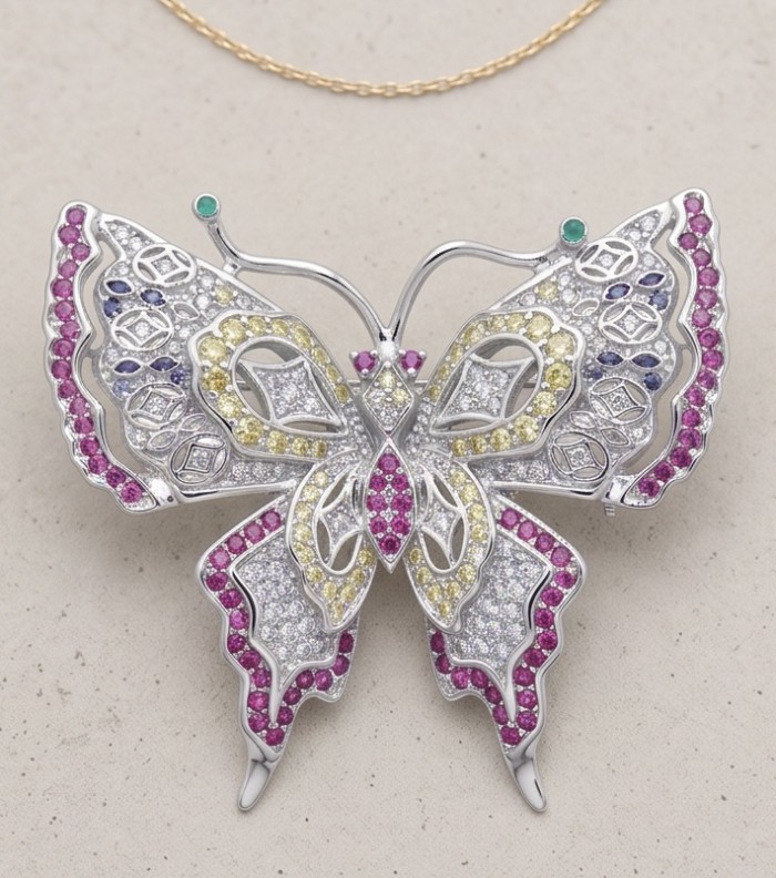Vintage Design - Red Butterfly - Genuine 4.2 carat Ruby .925 Sterling Silver handmade Pendant Brooch - Butterfly brooch with ruby, sapphire, and diamond details, top view.