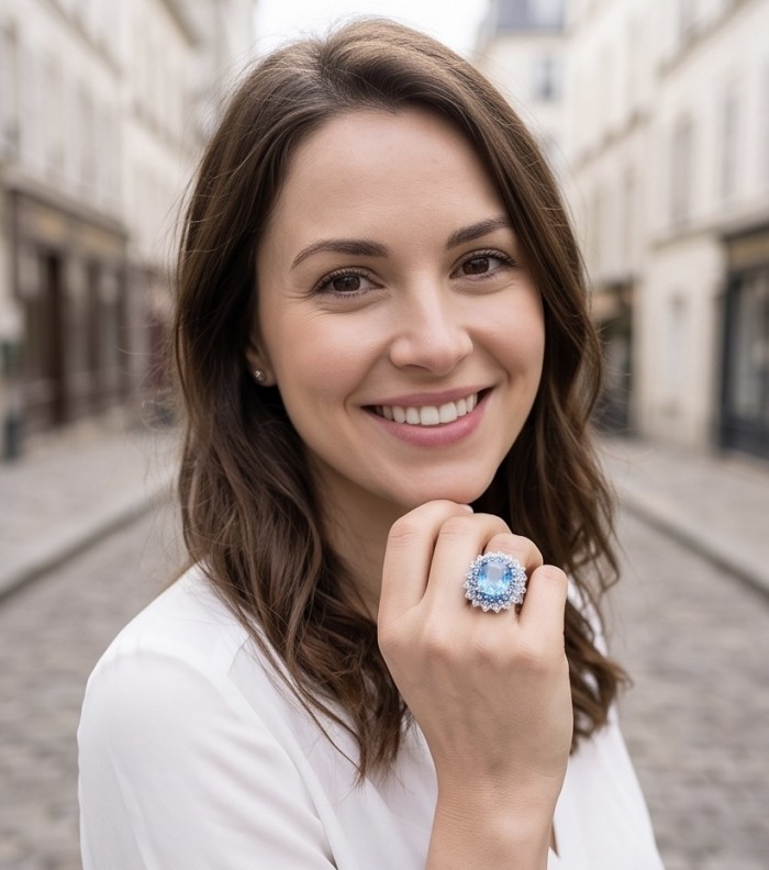 Aqua 8.5 carat Swiss Blue Topaz 22K Gold over .925 Sterling Silver dipped in rhodium handcrafted ring size 5 - Woman wearing Aqua 8.5 carat Swiss Blue Topaz ring on hand, street background.