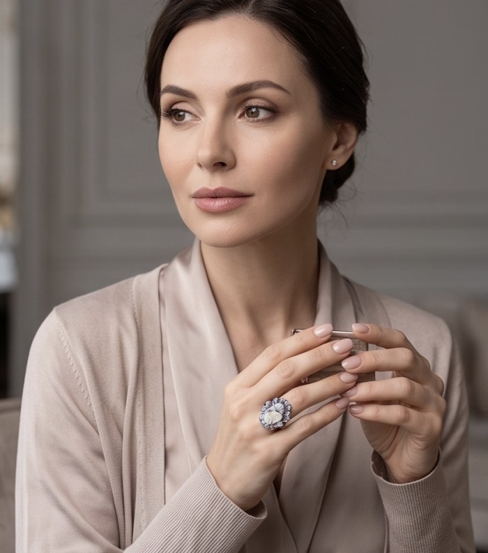 Exquisite Flowers oval Cameo Shell rhodium over .925 Sterling Silver handcrafted Made in Italy Statement ring; s. 7 ADJUSTABLE - Ring worn on hand close-up showcasing shell cameo detail.