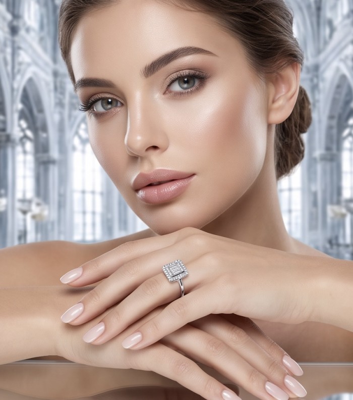 Art Deco 7.4 ctw White TOPAZ .925 Sterling Silver handcrafted Statement Ring size 8 1/4 - Woman wearing Art Deco white topaz ring, close-up of hand and face.
