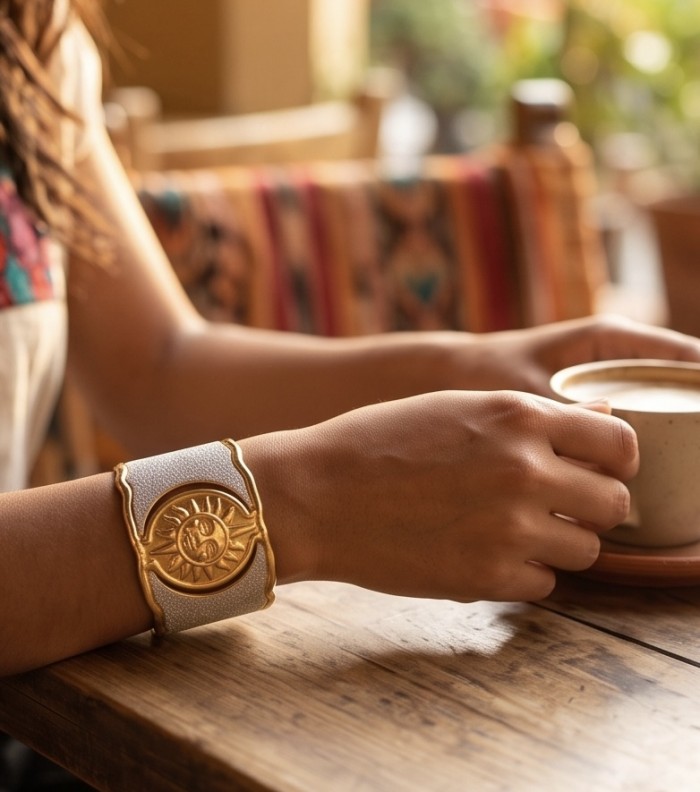 Renewal - Byzantine design 14K Gold over .925 Sterling Silver handcrafted Bracelet / Cuff - Bracelet worn on wrist, gold sun design, holding a cup of coffee.