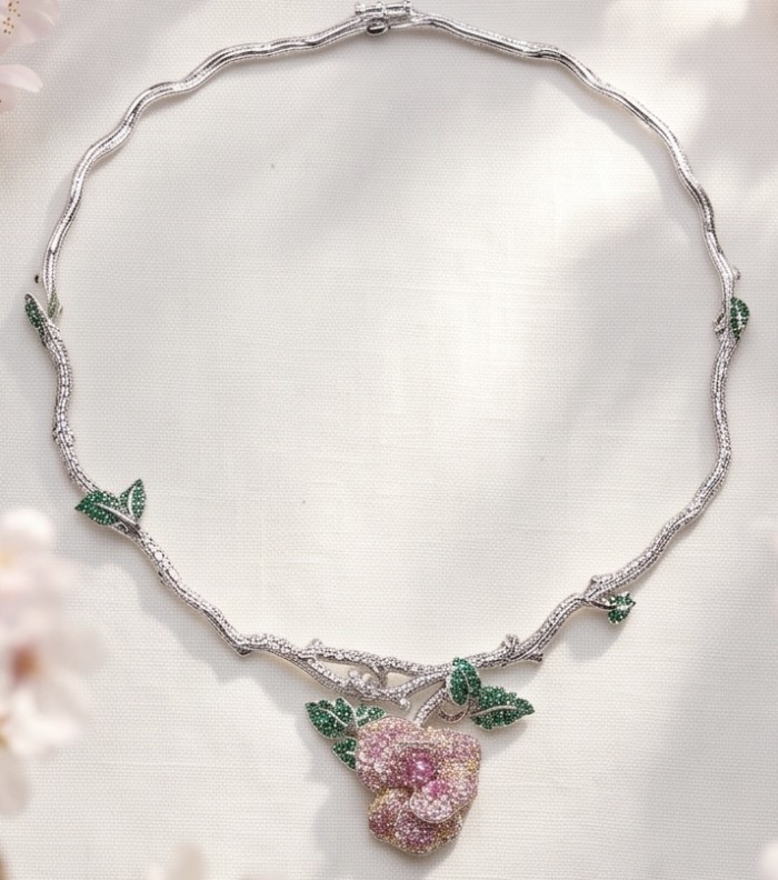 Enchanted Rose 5.5 carat pave Pink Sapphire rhodium over .925 Sterling Silver handcrafted necklace - Enchanted Rose necklace front view with pink sapphires and green leaves.