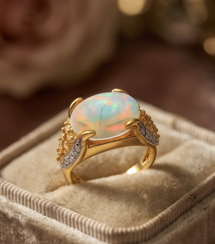 ENDLESS OCEAN 6.8 ctw Genuine Fire Ethiopian Opal 22K Gold over .925 Sterling Silver handmade Ring size 7 - Opal ring close-up showing gold setting and gemstone details.