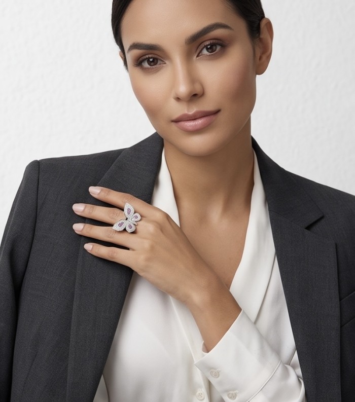 Precious Butterfly Genuine 10.5 carat Ruby .925 Sterling Silver handmade LARGE Statement Ring size 7 1/2 - Woman wearing Precious Butterfly Ruby ring on her hand.
