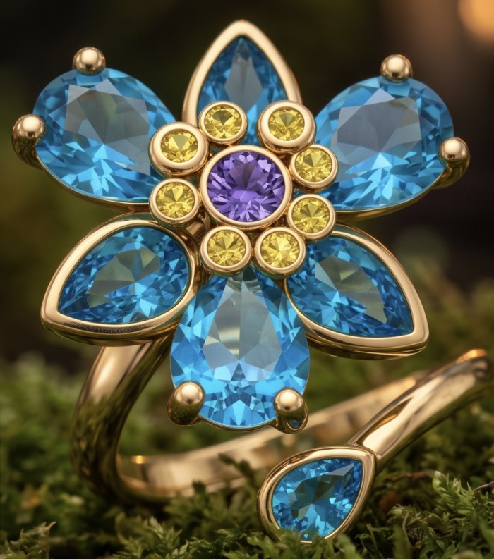 Spinning flower 6.5 carat genuine Blue Topaz 14K Gold over .925 Sterling Silver handmade Statement Ring size 7 - Close-up of spinning flower ring with blue topaz and yellow gems.