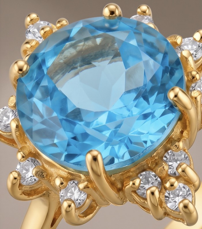 Blue Wonder Natural 8.8 carat Swiss Blue Topaz .925 Sterling Silver dipped in 22K Gold handmade Statement Ring size 7 - Close-up of blue topaz set in gold with surrounding diamonds.