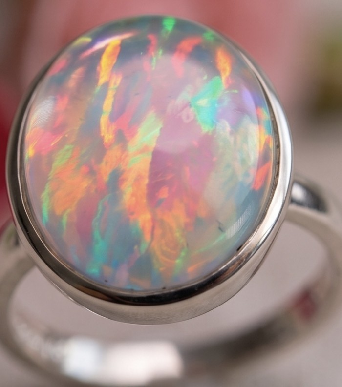 Aurora Genuine 12.5 carat doublet Australian Opal .925 Sterling Silver handmade Ring size 6 - Close-up of Aurora Australian Opal ring in .925 Sterling Silver.