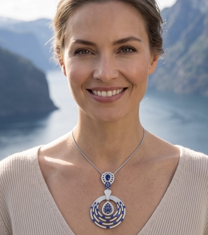 Precious 7.2 carat natural Sapphire rhodium over .925 Sterling Silver .925 Sterling Silver Statement Necklace - Woman wearing a sapphire and sterling silver necklace, front view.