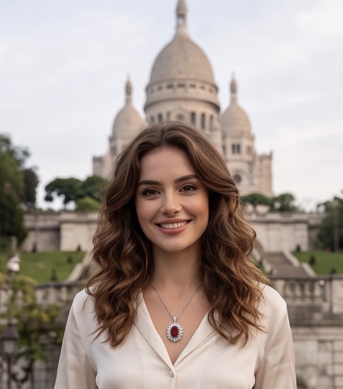 Luxurious 27.9 carat natural Garnet from The Umba Valley in Tanzania .925 Sterling Silver .925 Sterling Silver Statement Necklace - Woman wearing garnet necklace, background of domed building.
